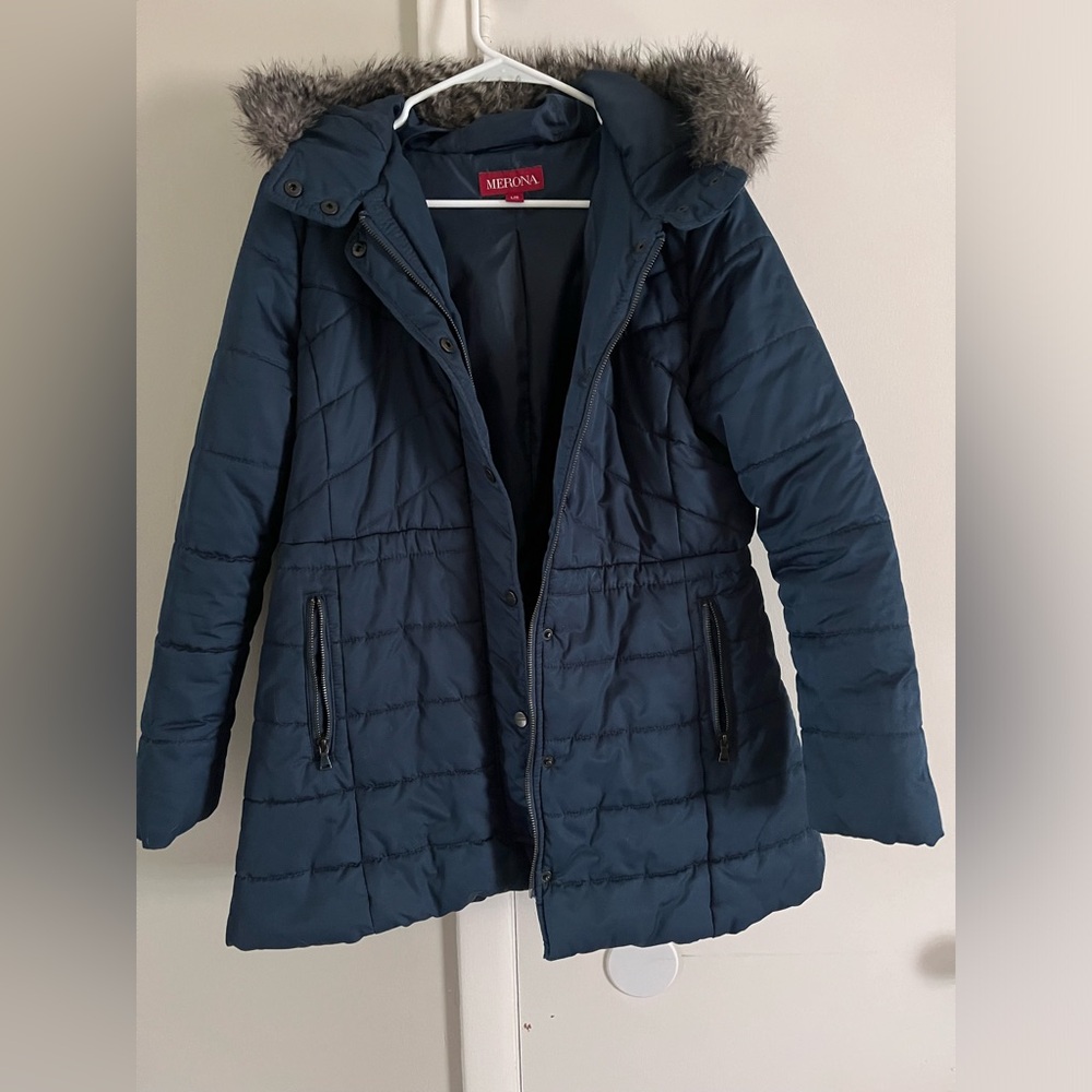 Navy blue coat with faux fur trimmed hood, size large